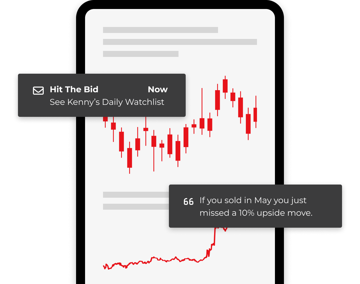 Phone with candle chart and Hit the Bid alerts popping out of it.